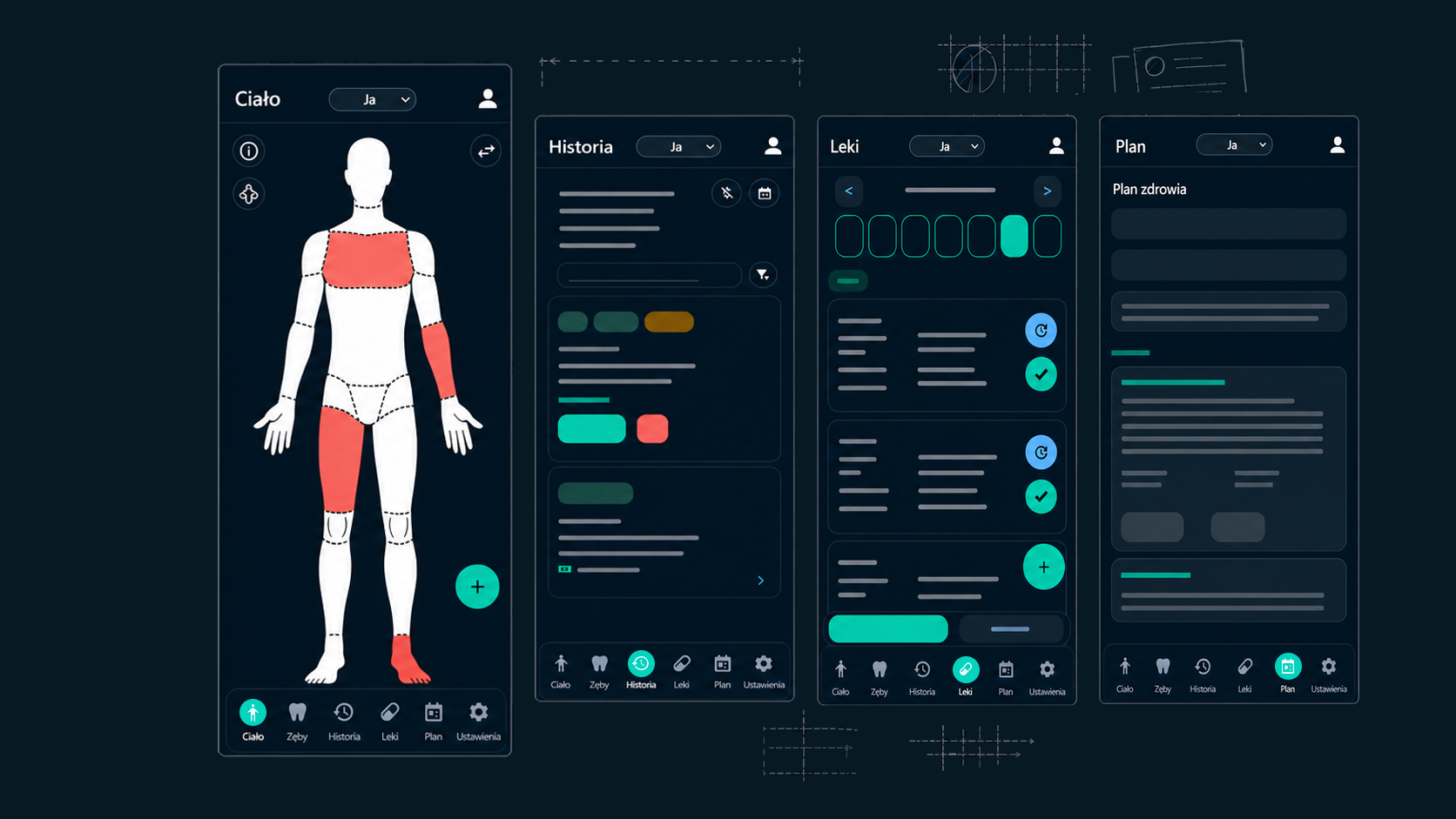 Makiety aplikacji VitalNota: mapa ciała z zaznaczonymi obszarami, historia zdarzeń, harmonogram leków i plan zdrowia. Każdy ekran ma wybór profilu i dolną nawigację.